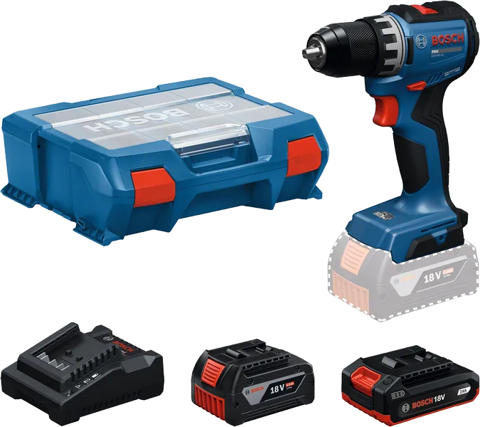 Bosch GSB18V-52 akkus ütvefúró-csavarozó + 12 darabos fúrószár készlet (1 x 2.0 Ah és 1 x 4.0 Ah Li-ion akkuval, L-Case Pick & Click kofferben) termék fő termékképe