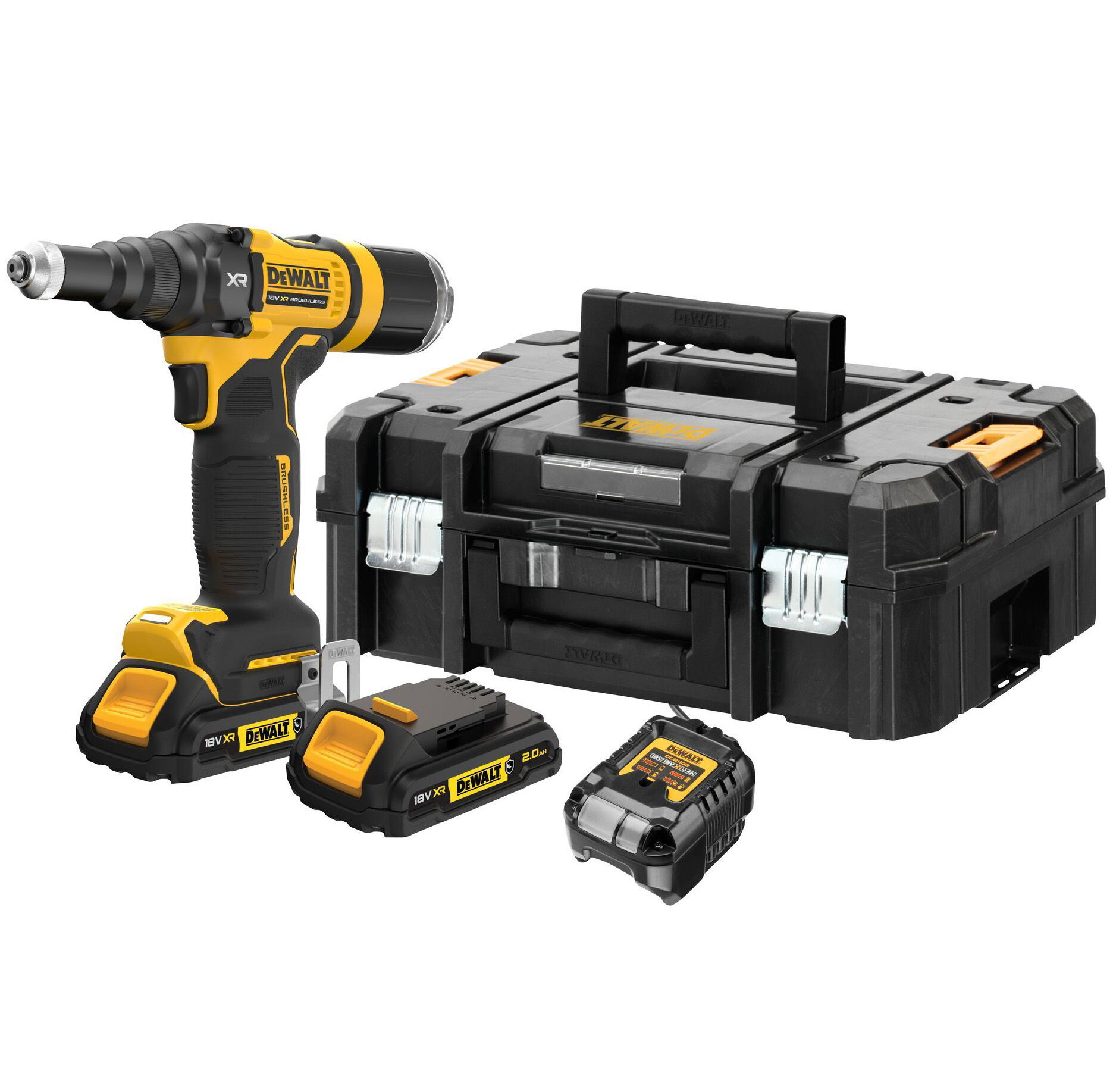 Dewalt DCF403D2GT szénkefe nélküli akkus popszegecshúzó (2 x 2.0 Ah gumírozott Li-ion akkuval, TSTAK kofferben) termék fő termékképe